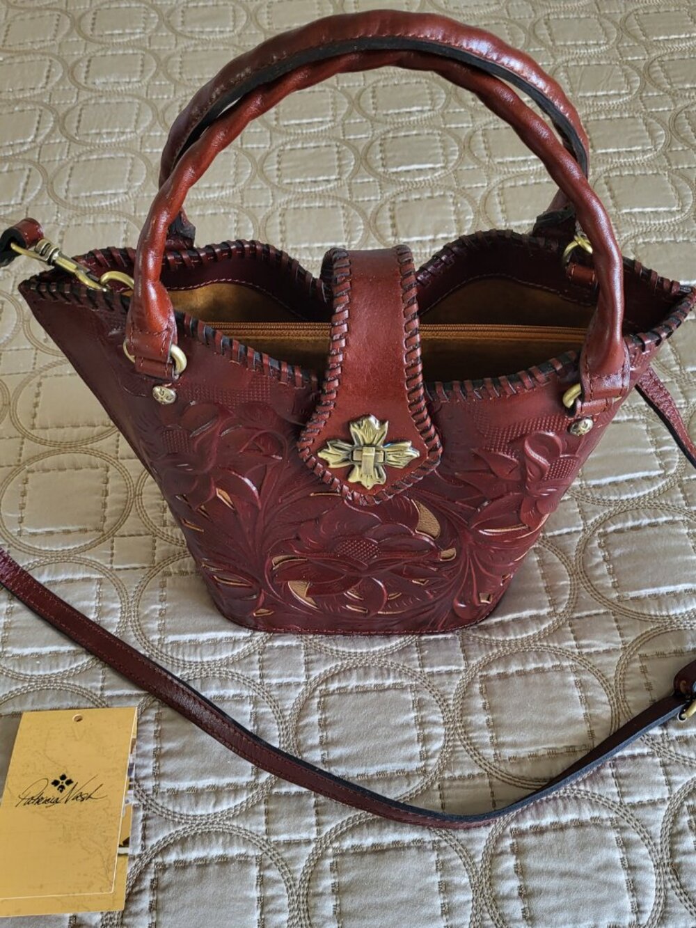 Patricia Nash NINETTA V Shape Leather Cutout Handbag ~ British Tan - Picture 4 of 9